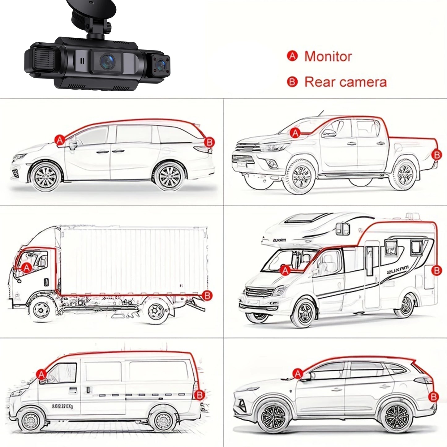 4Ch WiFi Dashcam car camera Black Box Driving DVR FHD 1080P Front Left Right Rear Night Vision Loop Recording Hardwire kit