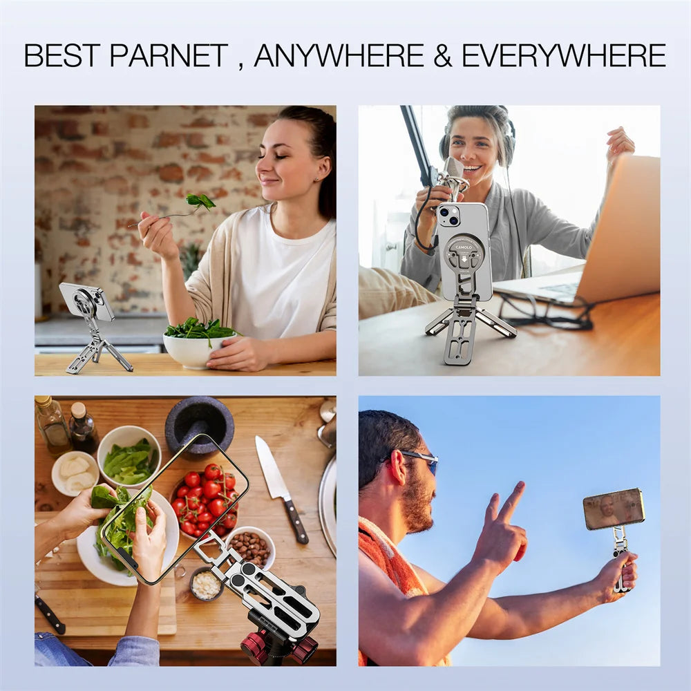 Foldable Magnetic Tablet Phone Holder Handle Phone Tripod Mount w Arca ColdShoe Desk Mount for iPhone 16/15/14/13 XIAOMI Magsafe