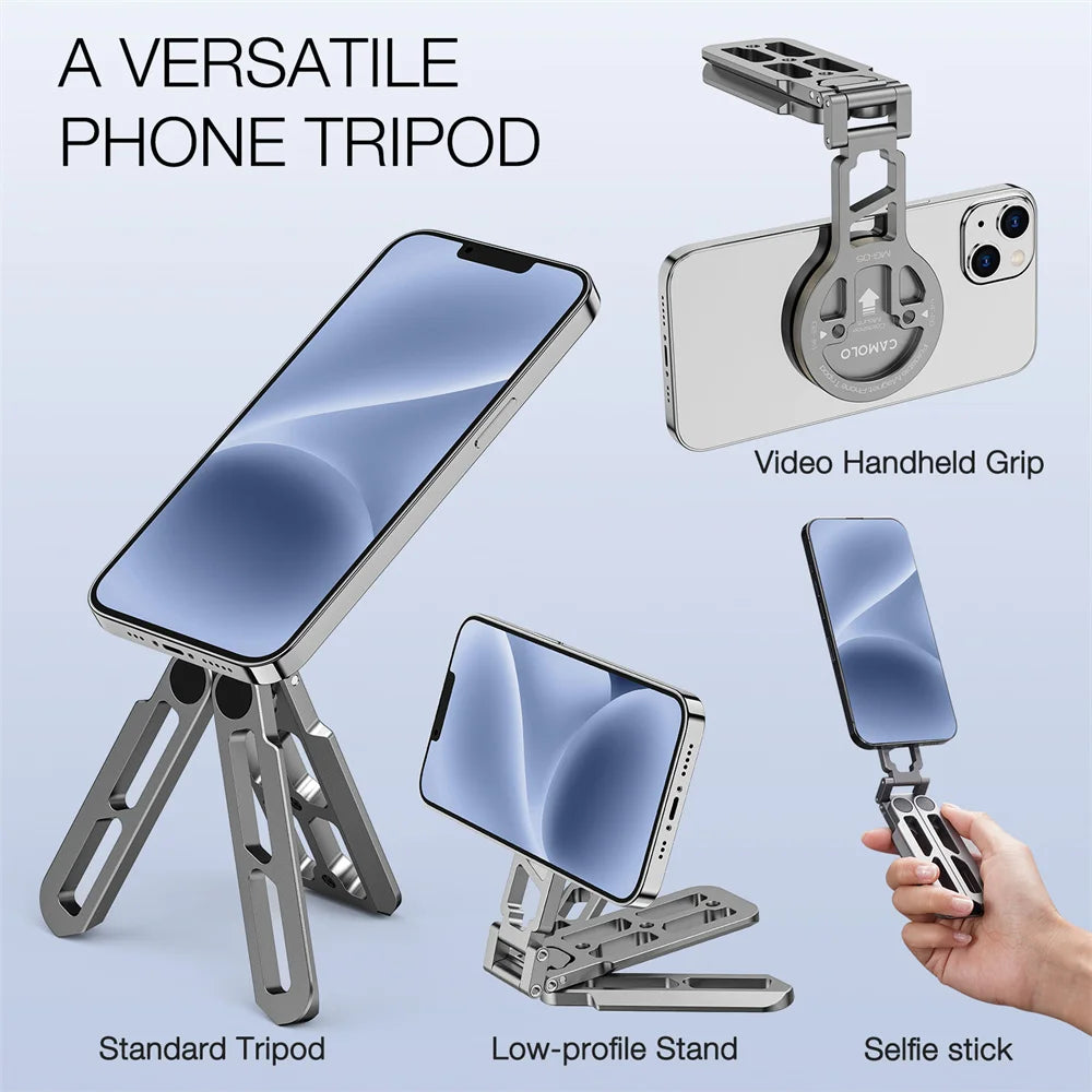 Foldable Magnetic Tablet Phone Holder Handle Phone Tripod Mount w Arca ColdShoe Desk Mount for iPhone 16/15/14/13 XIAOMI Magsafe