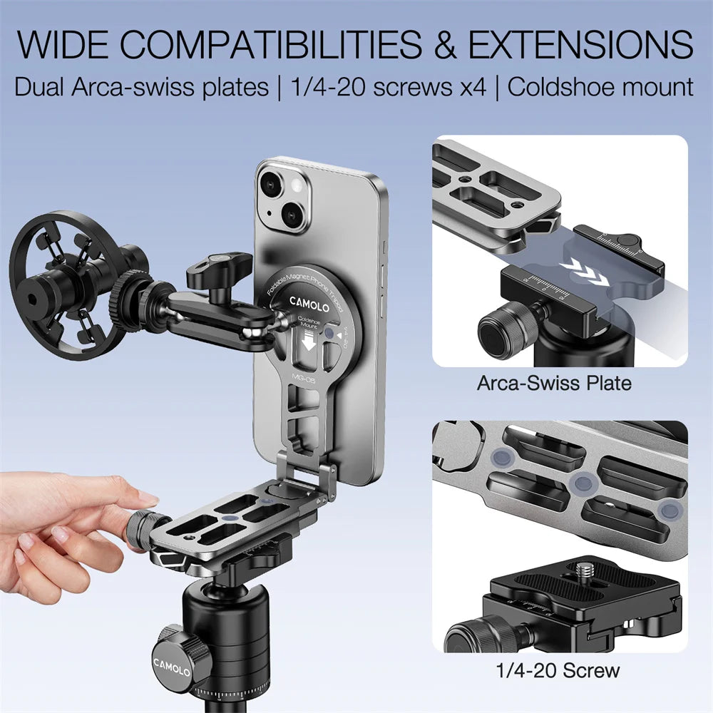 Foldable Magnetic Tablet Phone Holder Handle Phone Tripod Mount w Arca ColdShoe Desk Mount for iPhone 16/15/14/13 XIAOMI Magsafe