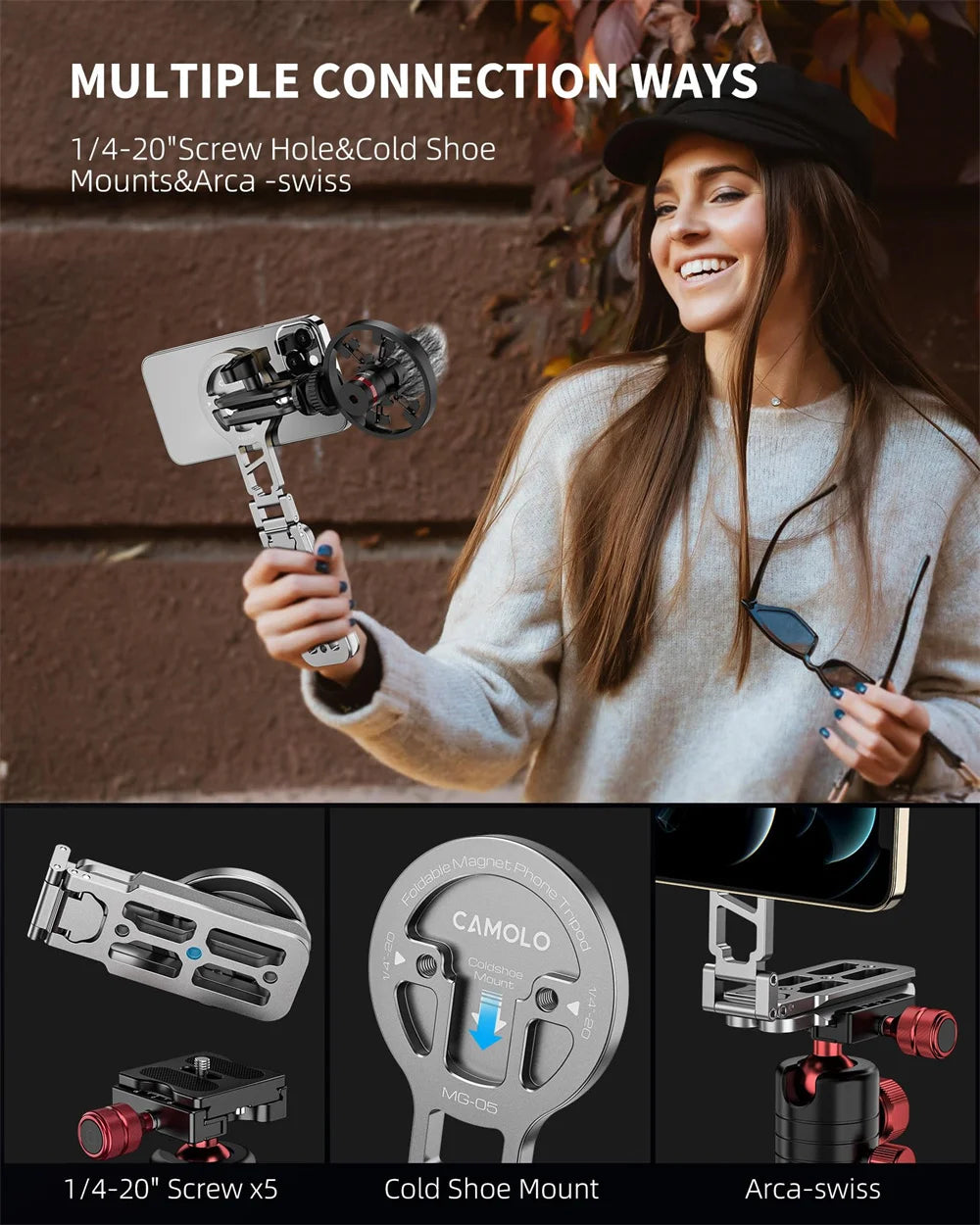 Foldable Magnetic Tablet Phone Holder Handle Phone Tripod Mount w Arca ColdShoe Desk Mount for iPhone 16/15/14/13 XIAOMI Magsafe