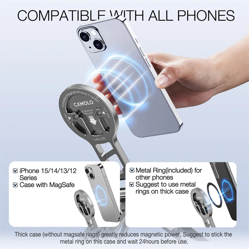 Foldable Magnetic Tablet Phone Holder Handle Phone Tripod Mount w Arca ColdShoe Desk Mount for iPhone 16/15/14/13 XIAOMI Magsafe